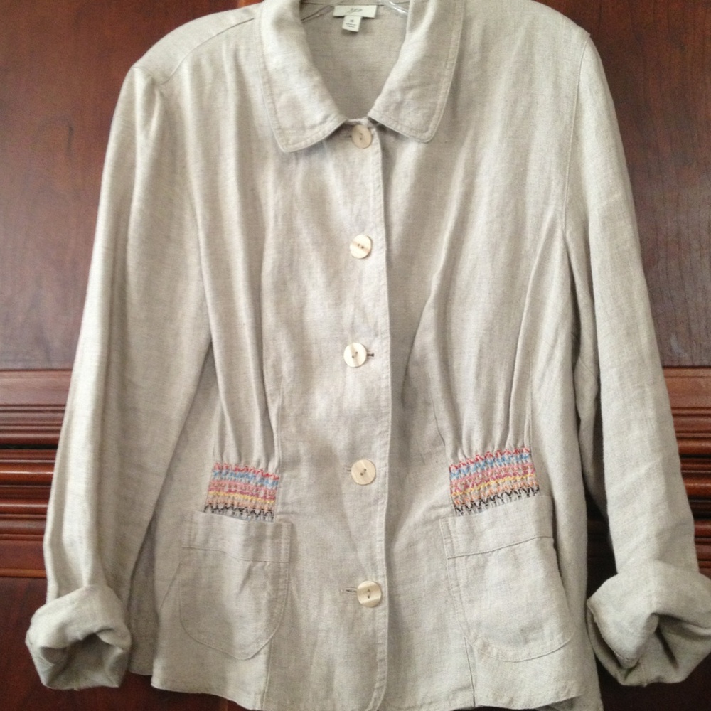 J. Jill Light Beige Linen Jacket with Multicolor Pocket Embroidery